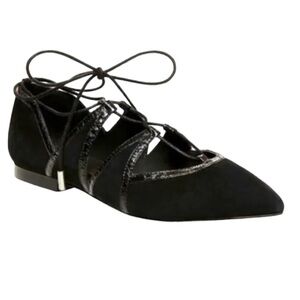 Brian Atwood Sanaa Suede Leather Lace Up Ballet Flats  Shoes Pointy Toes Black
